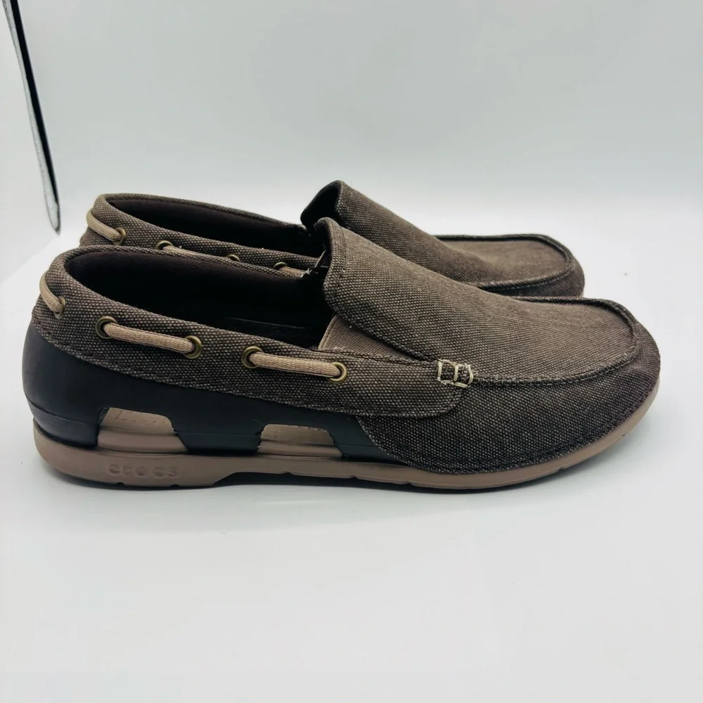 CROCS Men's Brown Canvas Slip-On Boat Shoe with Tan Accents